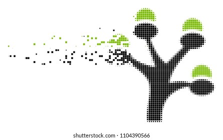 Dispersed money tree dotted vector icon with disintegration effect. Rectangle pieces are composed into disappearing money tree figure.