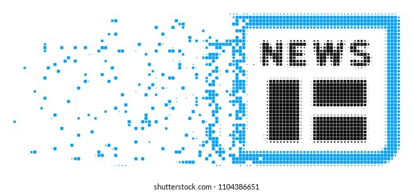 Dispersed newspaper dotted vector icon with disintegration effect. Square points are arranged into dispersed newspaper form.