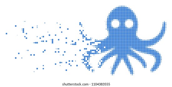 Dispersed octopus dotted vector icon with disintegration effect. Rectangular particles are combined into dissipated octopus form.