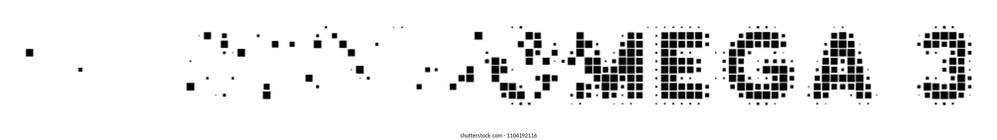 Dispersed Omega 3 text dotted vector icon with disintegration effect. Square points are grouped into dissolving Omega 3 text form.