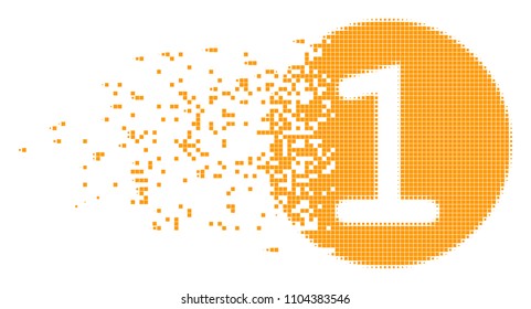 Dispersed one coin dotted vector icon with disintegration effect. Rectangular pieces are arranged into dissipated one coin figure.
