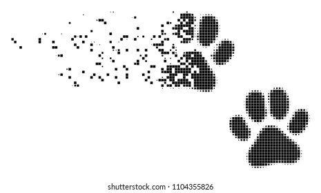 Dispersed paw footprints dot vector icon with disintegration effect. Rectangular fragments are arranged into damaging paw footprints shape.