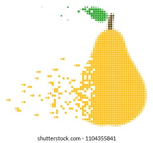 Dispersed pear dotted vector icon with disintegration effect. Square particles are combined into dispersed pear form. Pixel dust effect shows speed and movement of cyberspace abstractions.