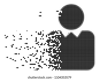 Dispersed person dot vector icon with disintegration effect. Rectangle items are grouped into dispersed person figure. Pixel dissolution effect shows speed and movement of cyberspace abstractions.
