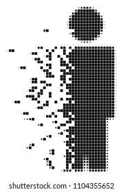 Dispersed person dotted vector icon with disintegration effect. Rectangular fragments are composed into dissipated person shape.