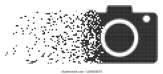 Dispersed photo camera dot vector icon with disintegration effect. Rectangle points are grouped into dissipated photo camera figure.
