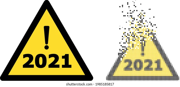 Dispersed pixelated 2021 year warning vector icon with wind effect, and original vector image. Pixel erosion effect for 2021 year warning demonstrates speed and motion of cyberspace items.