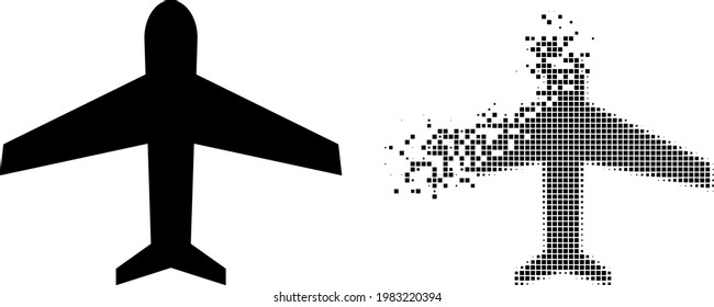 Dispersed pixelated airplane vector icon with destruction effect, and original vector image. Pixel fragmentation effect for airplane demonstrates speed and motion of cyberspace abstractions.