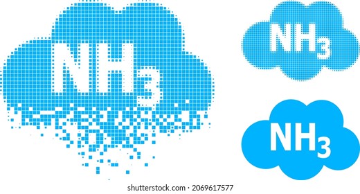 Dispersed pixelated ammoniac cloud icon with halftone version. Vector destruction effect for ammoniac cloud symbol.