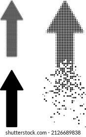 Dispersed pixelated up arrow vector icon with wind effect, and original vector image. Pixel destruction effect for up arrow demonstrates speed and motion of cyberspace objects.