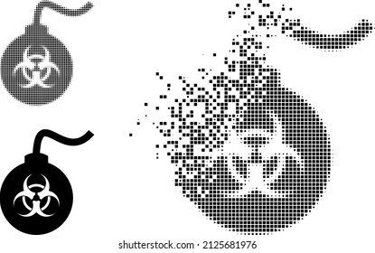 Icono de vector de bomba de riesgo biológico pixelado con efecto de destrucción e imagen vectorial original. El efecto de desintegración de píxeles para la bomba de riesgo biológico demuestra la velocidad y el movimiento de las cosas del ciberespacio.