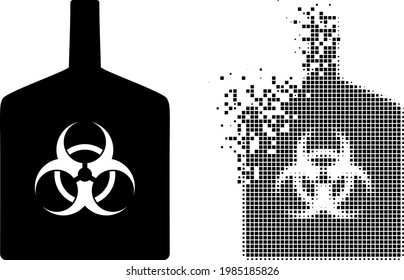 Dispersionierte pixelierte Biogefährdungsflasche Vektorsymbol mit Windeffekt und Originalvektorbild. Pixel Explosion Effekt für Biogefährdungsflasche zeigt Geschwindigkeit und Bewegung von Cyberspace Abstraktionen.