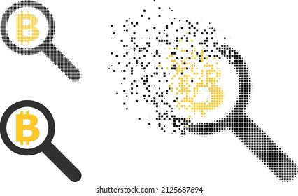 Dispersed pixelated bitcoin audit vector icon with destruction effect, and original vector image. Pixel dissolution effect for bitcoin audit shows speed and movement of cyberspace things.