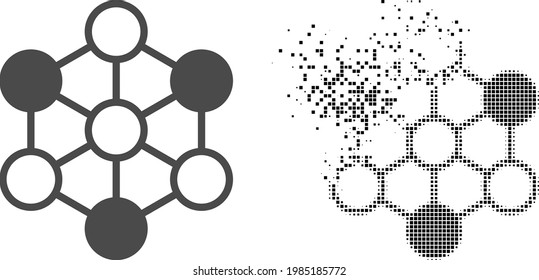 Dispersed pixelated blockchain vector icon with destruction effect, and original vector image. Pixel disintegration effect for blockchain shows speed and movement of cyberspace items.