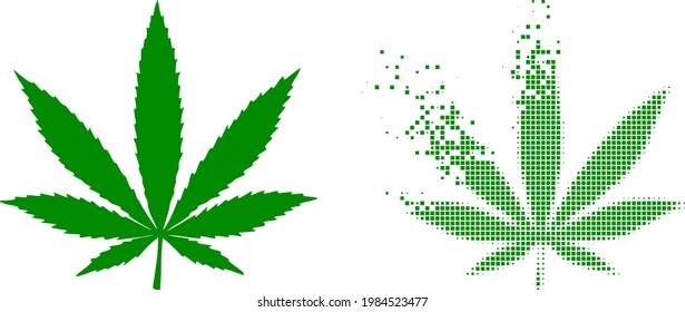 Icono de vector de cannabis pixelado con efecto eólico e imagen vectorial original. El efecto de abrasión de píxeles para el cannabis demuestra la velocidad y el movimiento de los artículos del ciberespacio.
