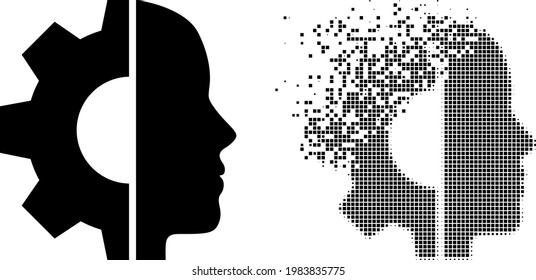 Dispersed pixelated cyborg head vector icon with destruction effect, and original vector image. Pixel dematerialization effect for cyborg head demonstrates speed and movement of cyberspace things.