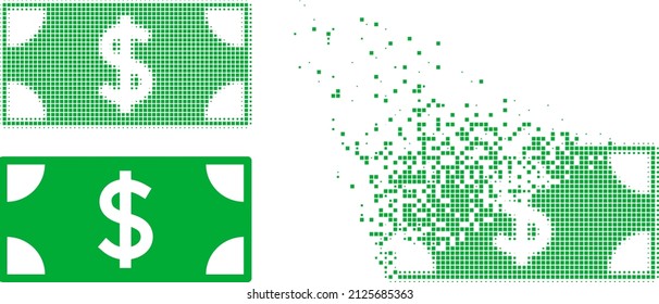 Dispersed pixelated dollar banknote vector icon with destruction effect, and original vector image. Pixel disappearing effect for dollar banknote demonstrates speed and movement of cyberspace items.