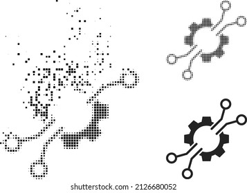 Icono vectorial de mecánica electrónica pixelado con efecto de viento e imagen vectorial original. El efecto de ráfaga de píxeles para la mecánica electrónica muestra la velocidad y el movimiento de los objetos del ciberespacio.