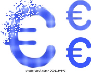 Dispersed pixelated euro symbol icon with halftone version. Vector destruction effect for euro symbol. Pixel erosion effect for euro symbol shows motion of cyberspace matter.