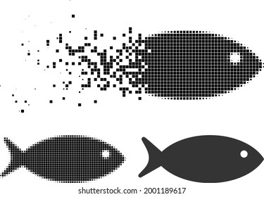 Icono de pez pixelado con versión de semitono. Efecto de destrucción de vectores para el icono de pescado. El efecto niebla pixelada para los peces muestra el movimiento de objetos del ciberespacio.