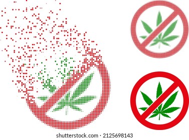 Dispersed pixelated forbid cannabis vector icon with destruction effect, and original vector image. Pixel dissolving effect for forbid cannabis demonstrates speed and movement of cyberspace matter.