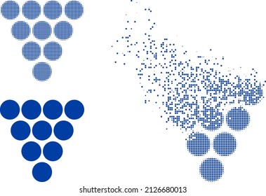 Dispersed pixelated grapes vector icon with wind effect, and original vector image. Pixel dissolution effect for grapes shows speed and motion of cyberspace items.