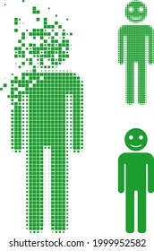 Dispersed pixelated happy person icon with halftone version. Vector destruction effect for happy person pictogram. Pixelated mist effect for happy person demonstrates movement of cyberspace items.