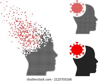 Dispersed pixelated head virus vector icon with destruction effect, and original vector image. Pixel defragmentation effect for head virus demonstrates speed and movement of cyberspace matter.