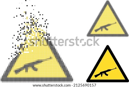 Dispersed pixelated kalashnikov gun warning vector icon with destruction effect, and original vector image.