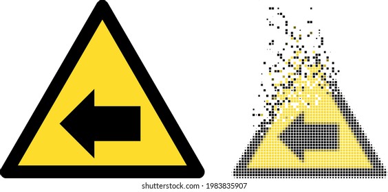 Icono de vector de advertencia de dirección izquierda con efecto de destrucción y imagen vectorial original.