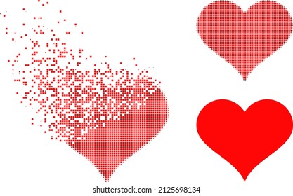Dispersed pixelated love heart vector icon with destruction effect, and original vector image. Pixel mist effect for love heart shows speed and motion of cyberspace abstractions.