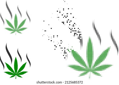 Dispersionierte pixelierte Marihuana Aroma Vektorsymbol mit Wind-Effekt und Original-Vektorbild. Pixel Fragmentierung Effekt für Marihuana Aroma zeigt Geschwindigkeit und Bewegung von Cyberspace-Artikeln.