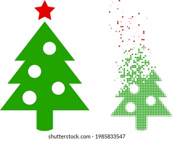 Dispersed pixelated new year tree vector icon with wind effect, and original vector image. Pixel abrasion effect for new year tree demonstrates speed and motion of cyberspace objects.