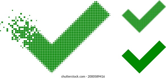 Dispersed pixelated Okay icon with halftone version. Vector wind effect for Okay icon. Pixelated degradation effect for Okay shows motion of cyberspace concepts.