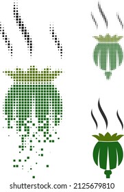 Dispersed pixelated opium aroma vector icon with destruction effect, and original vector image. Pixel erosion effect for opium aroma demonstrates speed and movement of cyberspace items.
