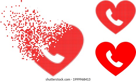 Dispersed pixelated phone heart icon with halftone version. Vector destruction effect for phone heart symbol. Pixelated destruction process for phone heart reproduces motion of cyberspace items.