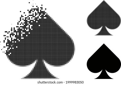 Dispersed pixelated playing card spade suit pictogram with halftone version. Vector wind effect for playing card spade suit pictogram.