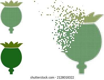 Dispersed pixelated poppy head vector icon with destruction effect, and original vector image. Pixel dematerialization effect for poppy head demonstrates speed and movement of cyberspace items.