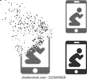 Dispersed pixelated pray app vector icon with destruction effect, and original vector image. Pixel dissolution effect for pray app demonstrates speed and movement of cyberspace objects.