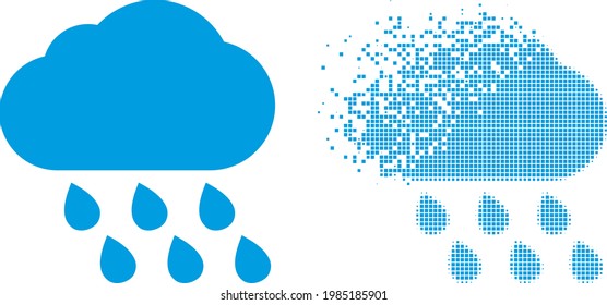 Dispersed pixelated rain cloud vector icon with destruction effect, and original vector image. Pixel destruction effect for rain cloud demonstrates speed and movement of cyberspace things.