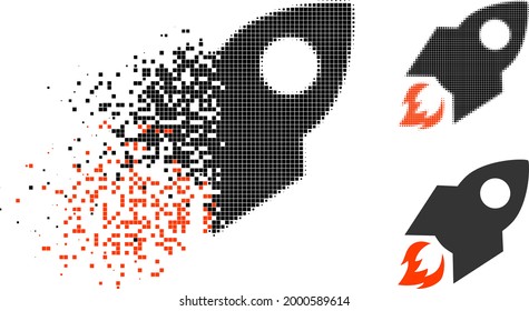 Dispersed pixelated rocket flight icon with halftone version. Vector destruction effect for rocket flight icon. Pixelated destruction process for rocket flight gives motion of virtual concepts.