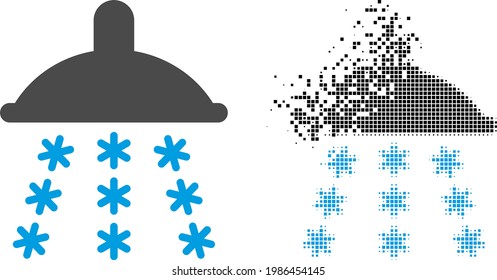 Dispersed pixelated snow shower vector icon with destruction effect, and original vector image. Pixel degradation effect for snow shower shows speed and motion of cyberspace things.