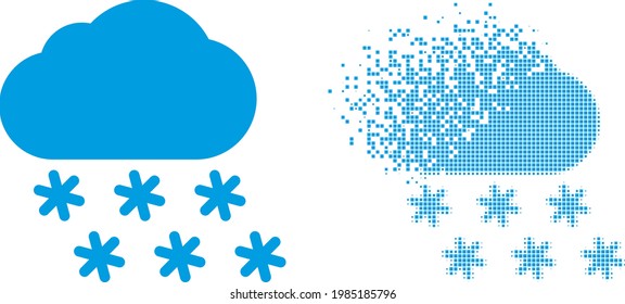 Dispersed pixelated snow weather vector icon with destruction effect, and original vector image. Pixel destruction effect for snow weather demonstrates speed and movement of cyberspace objects.