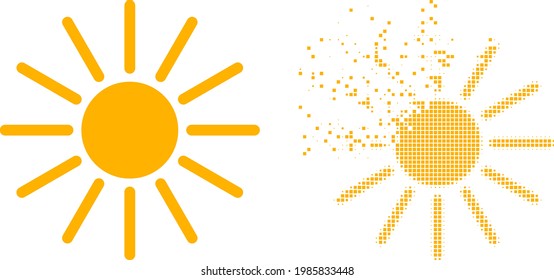 Dispersionierte gepixelte Sonnenvektorsymbol mit Zerstörungseffekt und Originalvektorbild. Pixel-Bersteffekt für die Sonne zeigt Geschwindigkeit und Bewegung von Elementen aus dem Cyberspace.