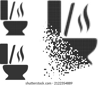 Dispersed pixelated toilet smell icon with halftone version. Vector destruction effect for toilet smell icon. Pixelated creation process for toilet smell reproduces speed of cyberspace concepts.