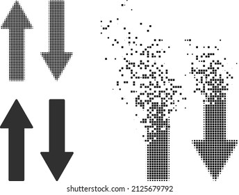 Dispersed pixelated vertical exchange arrows vector icon with wind effect, and original vector image. Pixel mist effect for vertical exchange arrows shows speed and motion of cyberspace matter.