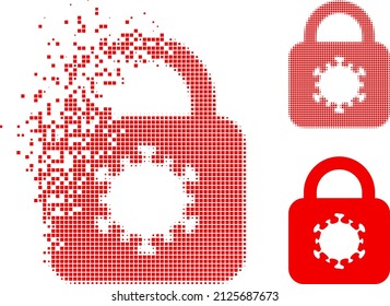 Dispersed pixelated virus lock vector icon with destruction effect, and original vector image. Pixel disappearing effect for virus lock demonstrates speed and movement of cyberspace concepts.