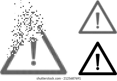 Dispersed pixelated warning sign vector icon with wind effect, and original vector image. Pixel dematerialization effect for warning sign demonstrates speed and motion of cyberspace objects.