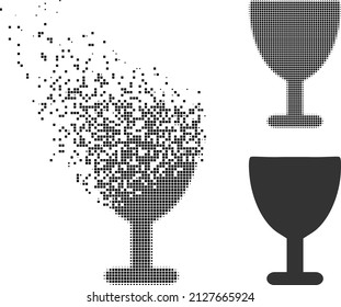 Dispersed pixelated wine glass vector icon with wind effect, and original vector image. Pixel dust effect for wine glass shows speed and movement of cyberspace objects.