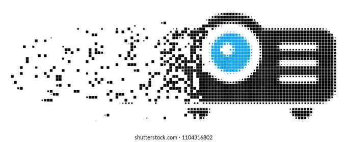 Dispersed projector dot vector icon with disintegration effect. Rectangle elements are combined into disappearing projector shape.